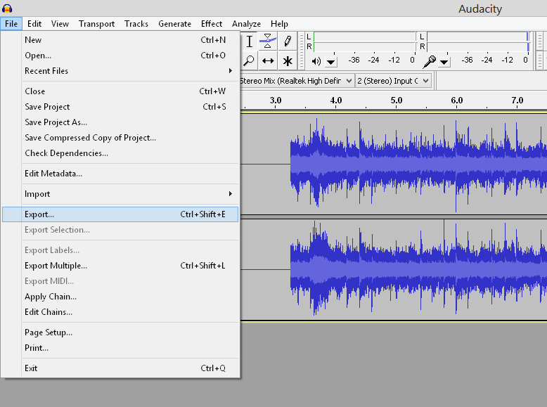 exporting audio in Audacity