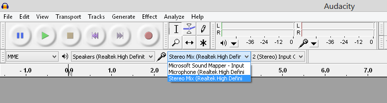 selecting Stereo Mix in Audacity