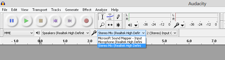 selecting Stereo Mix in Audacity selecting Stereo Mix in Audacity